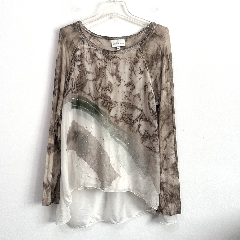 Belle France Tunic Top L Silk Blend Layer Long Knit Sleeves Italy Party Designer